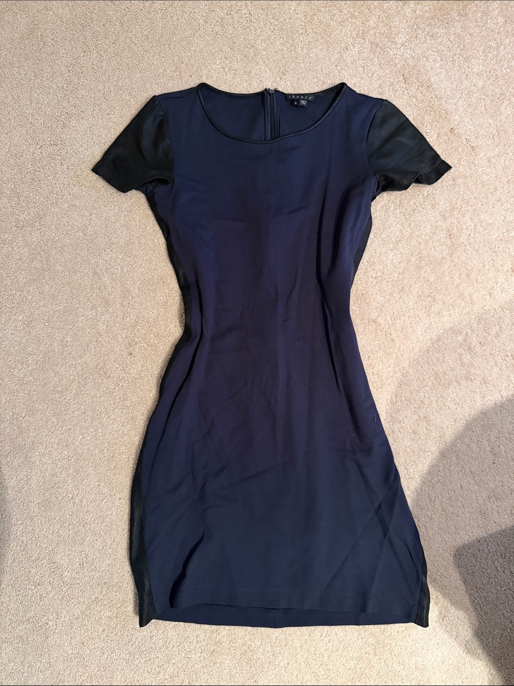 Theory leather trim Women’s Navy and Black Short Sleeve Sheath Dress 0